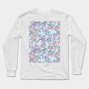 Happy lily flowers botanical pattern in light blue Long Sleeve T-Shirt